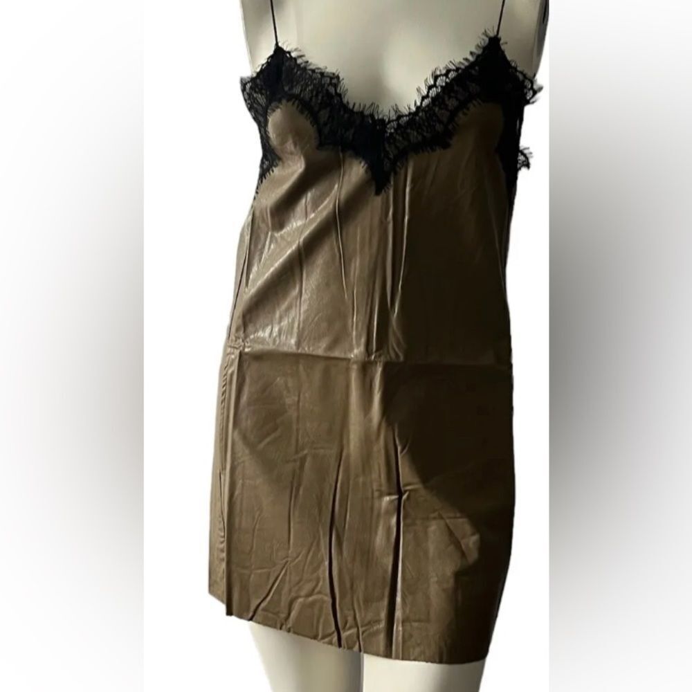 UNIQ Women's Brown Faux Leather Soft Strappy Mini Dress Lace V-Neck With Pockets